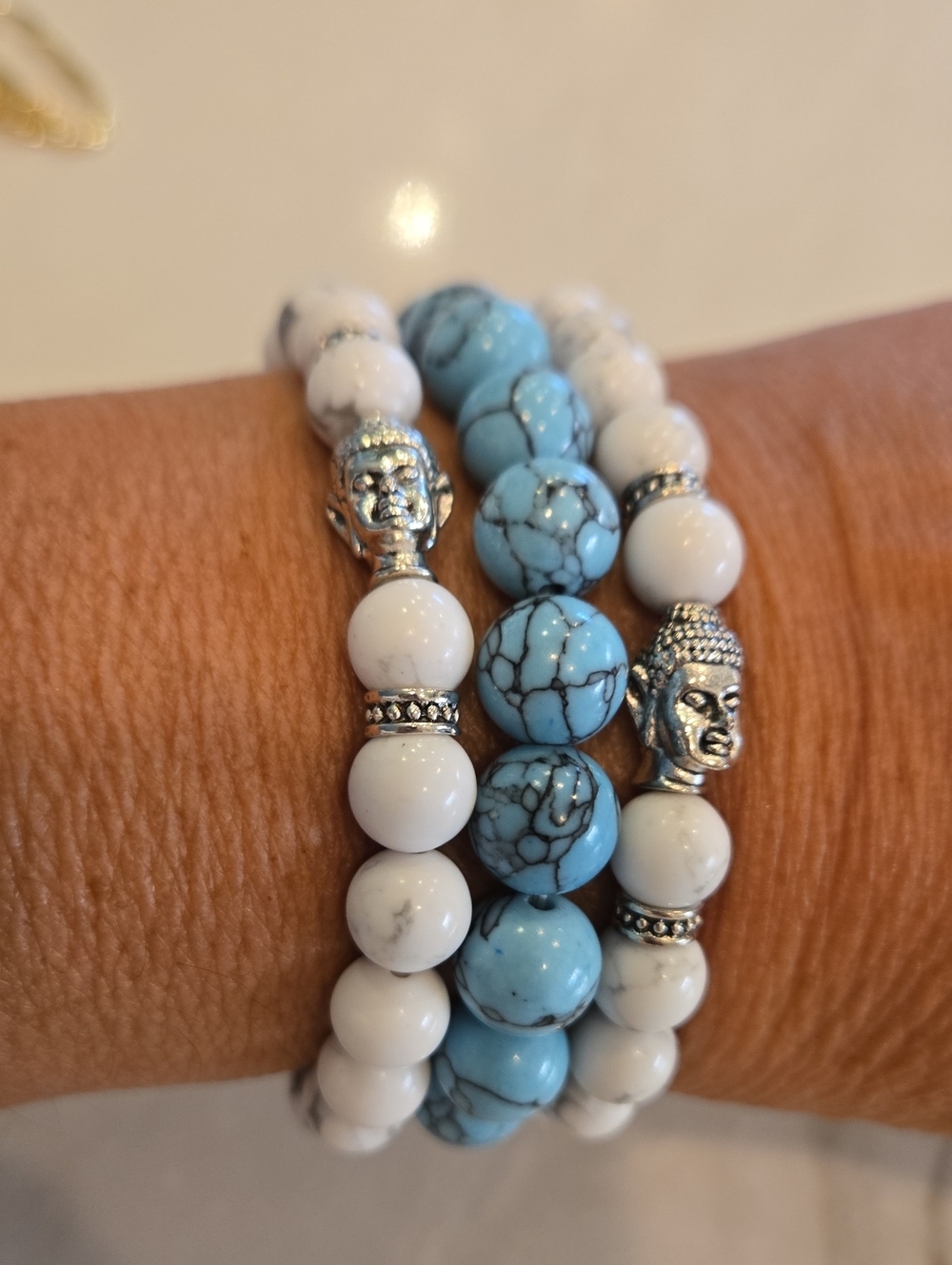 3 Pc Turquoise & White Buddha Bead Stretch Bracelet Set Curated For You
